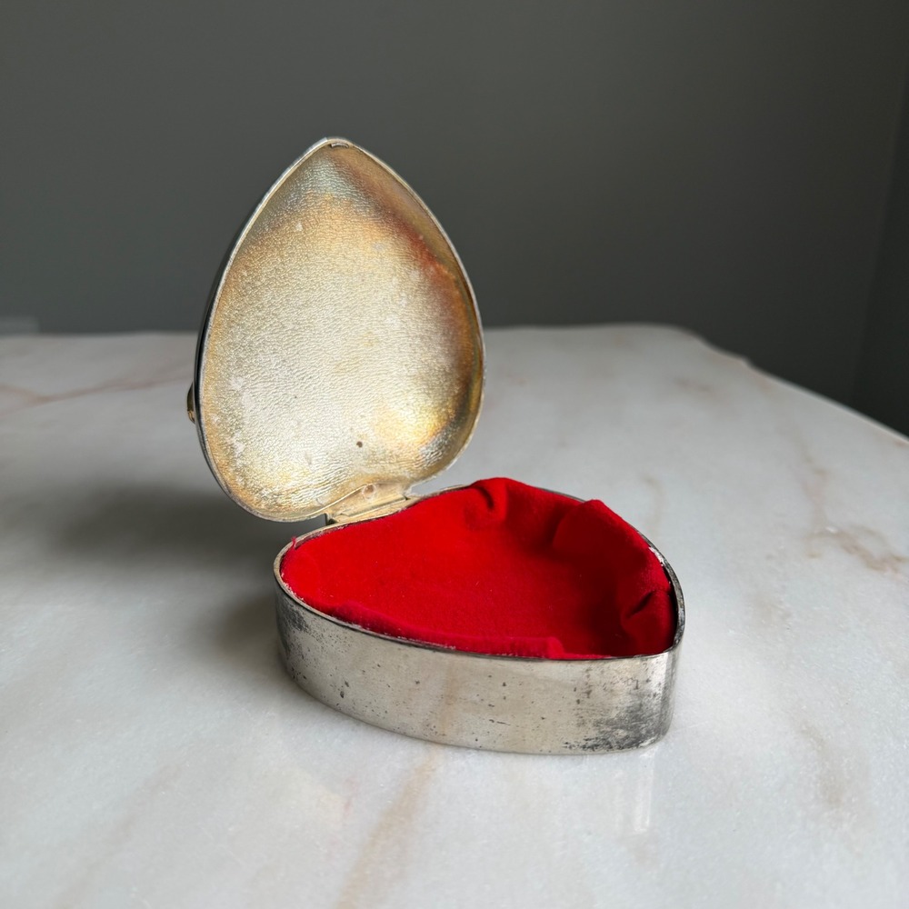 Vintage Heart Trinket Box Silver Plated Gold Bow Red Velvet Lining Hong Kong